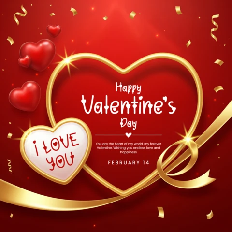 Festive Valentine’s Day Background with Glowing Heart Outlines, Ribbon Accents, and 3D Red Hearts