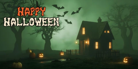 Template di design per copertina YouTube di Halloween con casa infestata, zucche luminose, cimitero nebbioso e alberi contorti.