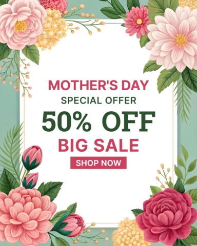 Diseño de plantilla de venta floral del día de la madre con promoción del 50% de descuento
