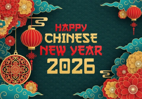 Happy Chinese New Year 2026 Card Teal Celebration Theme with Lanterns, Clouds & Traditional Decorative Elements