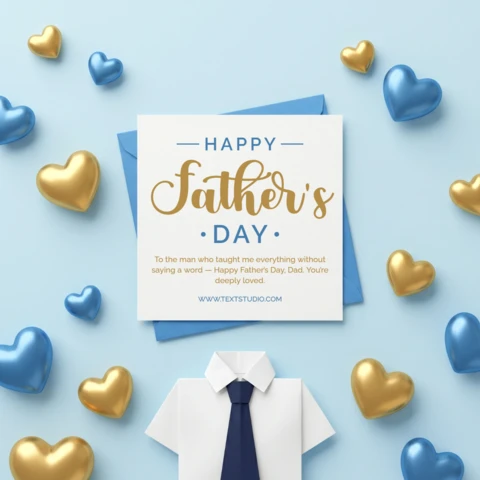 Father’s Day 2026 Greeting Card Featuring Blue Envelope White Square Card Gold and Blue Hearts Shirt with Dark Blue Tie and Happy Father’s Day Message