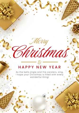 Christmas Greeting Card with Gold-Wrapped Gifts, Pinecones, Ribbons, Snowflakes, and White Ornament Ball