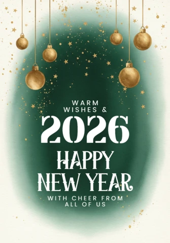 Kartka akwarelowa z życzeniami na nowy rok 2026, zielone tło w gradientzie z złotymi gwiazdami i wiszącymi ozdobami.