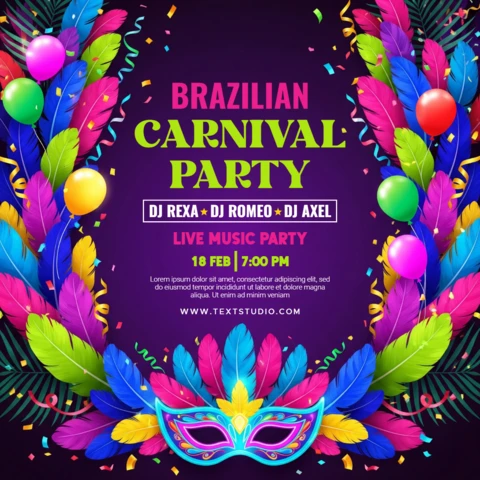 Постер бразильского карнавала темно-фиолетовый фон с яркими перьями, шарами, конфетти и декоративной маской