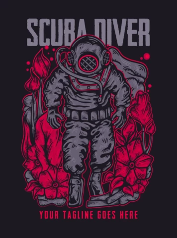 Man Wearing Scuba Diver Suit Vintage T-shirt Design Template