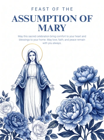 Assumption of Mary Catholic Poster Virgin Mary Halo Robe Blue Floral Sacred Celebration Design Template