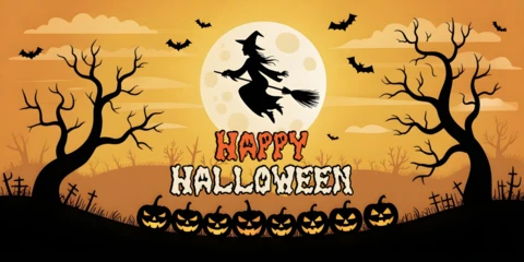 Modello di design per copertina YouTube di Halloween con strega che vola, luna piena, cimitero e zucche luminose.