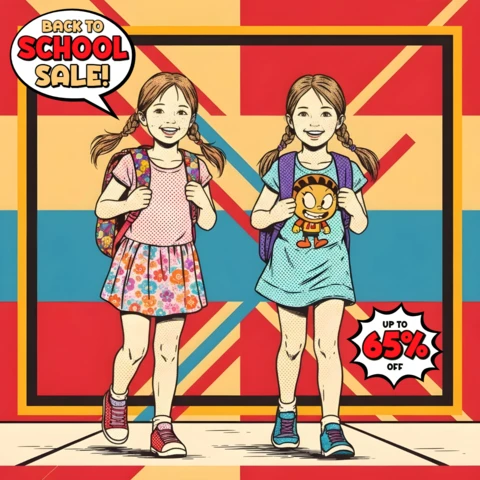 Walking School Kids Comic Style Back to School Sale Art with Colorful Rays & 65% Discount Burst Design Template for Promotional Flyers