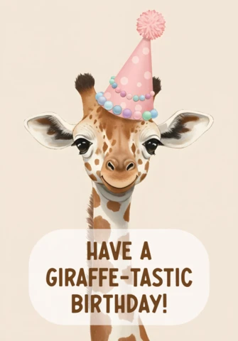 Modelo de cartão de aniversário de girafa fofa com chapéu de festa