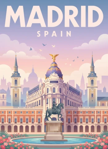 Madrid Retro Vintage Landmark Poster Spain Equestrian Statue Sunset Skyline Historic Building Domes Towers Nostalgic Wall Art Print