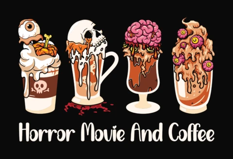 Horror Movie And Coffee Halloween T-Shirt Design Template