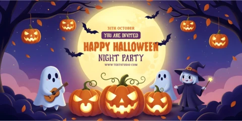 Invitation à la fête d'Halloween, fantôme guitariste, sorcière souriante et citrouilles lumineuses, modèle de couverture YouTube