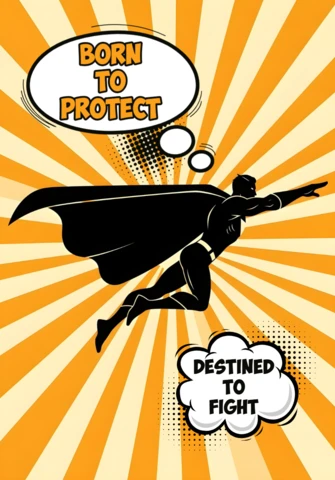 Born to Protect Destined to Fight Flying Superhero with Radiant Rays & Speech Bubbles Poster Design Template