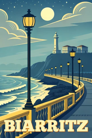 Vintage Biarritz Coastal Scene Design Template for Travel Posters