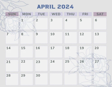 Paars en wit mooie bloemen eenvoudige moderne april 2024 maandkalender sjabloon