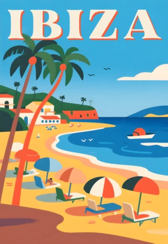Retro Flat Beach Scene Design Template for Ibiza Travel Posters