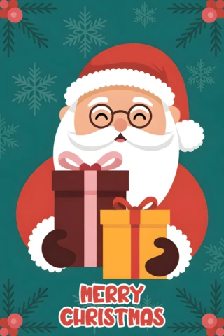 Merry Christmas Card Santa Claus Illustration with Gifts and Decorative Winter Accents in Bold Typography