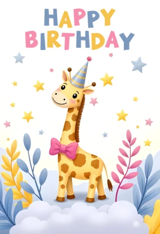 Modelo de cartão de aniversário de girafa adorável para crianças