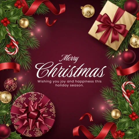 Frohe Weihnachtskarte festliche Girlande mit Ornamenten und Zuckerstangen, die eine Botschaft von Freude und Glück umrahmt, Designvorlage.
