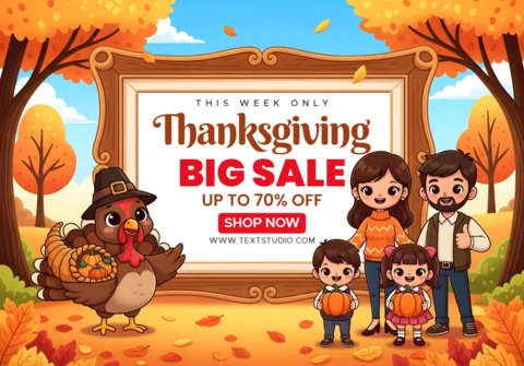 Bannière promotionnelle design de template avec une famille de dessins animés, un panier de légumes et un message de vente saisonnière audacieux.