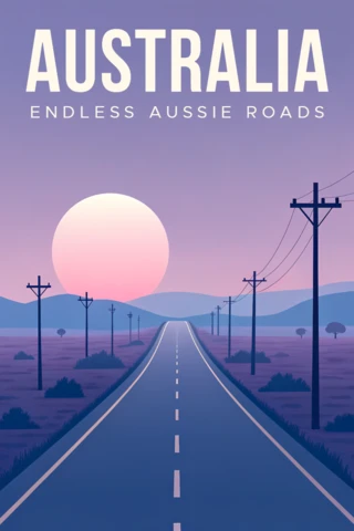 Design de viagem pela Austrália com pôr do sol roxo para template de pôsteres de viagem retro.