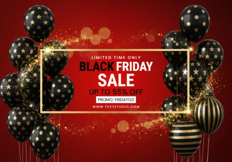 Promotion du Black Friday, fond rouge avec cadre doré et ballons noirs décoratifs, modèle de design pour des flyers promotionnels.