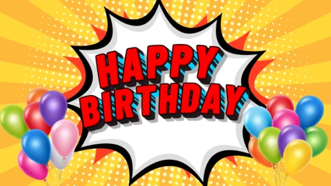 Plantilla de feliz cumpleaños estilo cómic con globos y diseño pop art