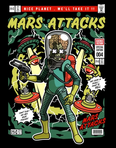 Plantilla de diseño de portada de revista con personajes de dibujos animados de Marte ataca