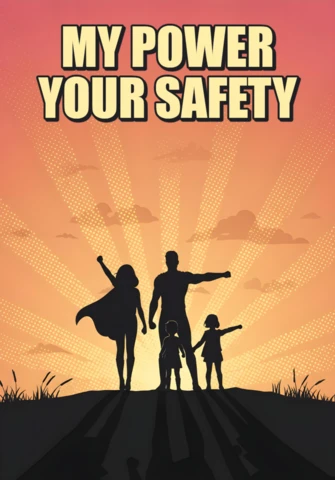 Mein Kraft, deine Sicherheit Superhelden Familien Silhouetten bei Sonnenuntergang Plakatdesign Vorlage