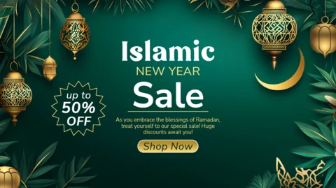 Modèle de vente élégante pour le nouvel an islamique avec des lanternes et des feuilles vertes
