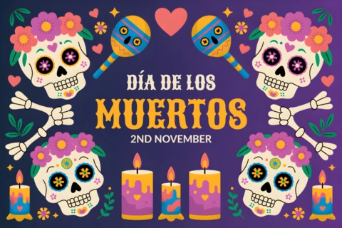 Día de los muertos ontwerpsjabloon voor feestelijke posters met kleurrijke schedels en kaarsen