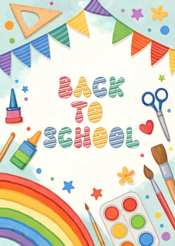 Back to School Design Template with Colorful Art Supplies and Rainbow for Educational Posters
