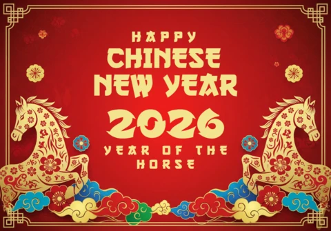 Ilustración festiva del Año del Caballo para el Año Nuevo Chino con acentos florales y bordes decorativos.