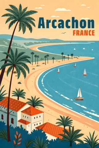 Arcachon France Vintage Travel Poster Design Template with Coastal Landscape and Sailboats