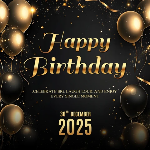 Modelo de design de feliz aniversário metálico em preto e dourado