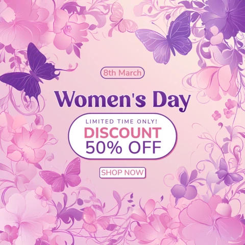 Women's Day Celebration Marketing Template with Purple Butterflies