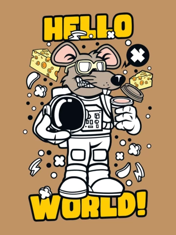 Hallo Welt-Astronautenratten-T-Shirt-Design-Vorlage