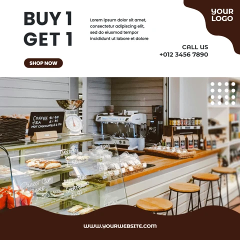 Comprar 1 obtener 1 café venta instagram post plantilla de diseño