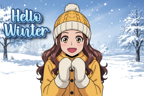 Modelo de design de personagem de anime com tema de inverno para cartões de saudação