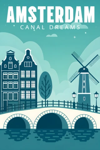 Sueños de canales de Ámsterdam diseño para carteles de apartamentos retro en tonos verde azulado