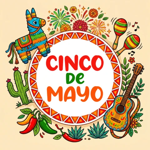 Cinco De Mayo Wall Art — Circular Design with Piñata, Guitar, Maracas, and Vibrant Holiday Decorative Illustration