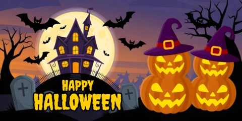 Nuit d'Halloween effrayante avec des citrouilles lumineuses, des chauves-souris volantes et un modèle de couverture YouTube de manoir hanté.