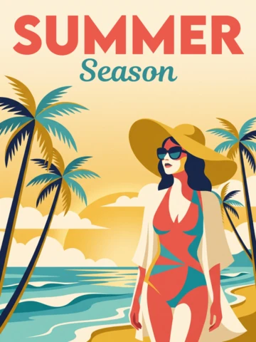 Summer Season Tropical Beach Poster Featuring Palm Trees, Ocean Waves, Sunhat Character, Vibrant Yellow Orange Sunset Sky and Relaxing Vacation Atmosphere