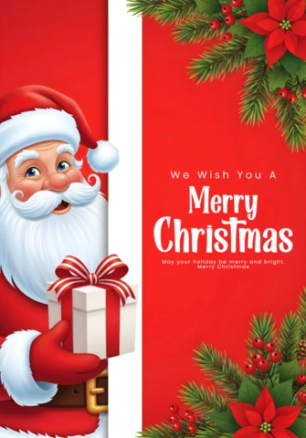 Merry Christmas Poster Santa Claus Holding Gift Peeking From Vertical Strip with Poinsettias and Pine Decorations Design Template