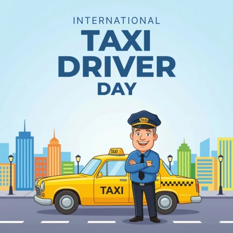 International Taxi Driver Day 2026 Poster Confident Driver Standing with Arms Crossed Beside Classic Yellow Cab Illustration
