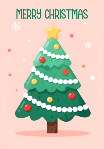 Christmas Greeting Card Design Tree with Red and Yellow Ornaments and Pink Background with Snow Dots Template