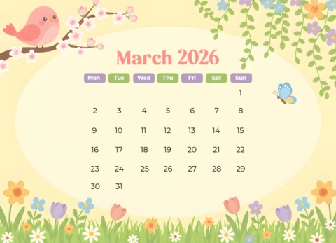 Spring-Themed March 2026 Calendar Poster with Cherry Blossoms and Gentle Pastel Background