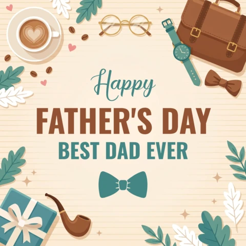 Father’s Day 2026 Celebration Poster Highlighting Coffee Cup Eyeglasses Briefcase Wristwatch Bow Tie Pipe Gift Box Green Leaves Hearts and Happy Father’s Day Sentiment
