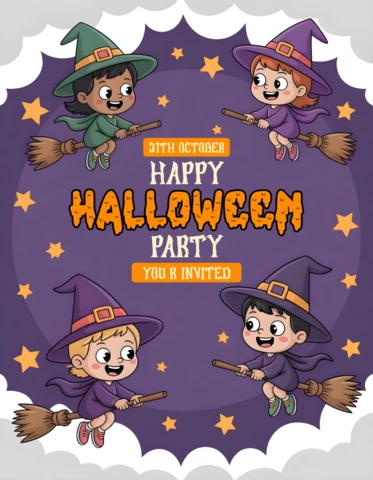 Halloween Party Invitation Template Cartoon Witches On Broomsticks with Stars & Cloud Borders Design for Festive Flyers
