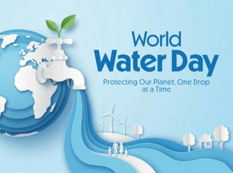 World Water Day 2026 Poster Earth with Faucet Flowing Water Into Rivers Supporting Houses, Trees, and Wind Turbines